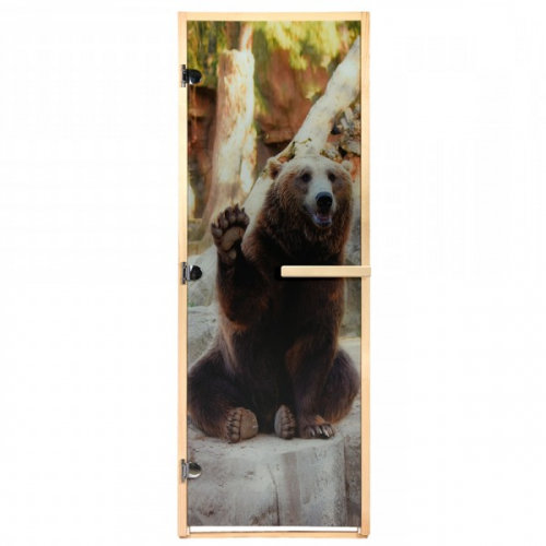 Банные штучки   дверь из стекла с фотопечатью бурый медведь 1,9х0,7 м, 8 мм, коробка из хвои, 3 петли банные штучки
