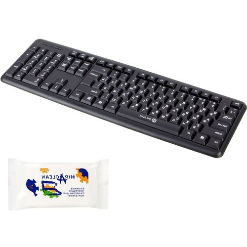 OKLICK Клавиатуры 180M Клавиатура Oklick 180M, USB, черный + влажные салфетки Miraclean, 15 шт [24132]